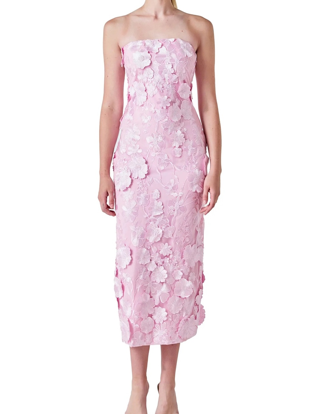 Endless Rose Strapless Pink Floral Appliqué Midi Dress